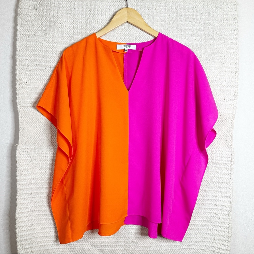 CROSBY BY MOLLIE BURCH neon orange and pink color block caftan tunic top XS